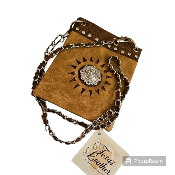 Private Label Handbags - Brown Faux Leather Western Concho Crossbody Mini Bag
